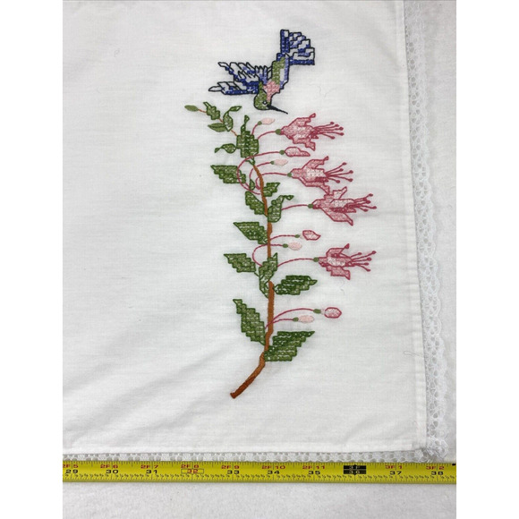 Two Hummingbird‎ Floral Embroidered Table Runners White Cotton Lace Trim - Picture 5 of 10